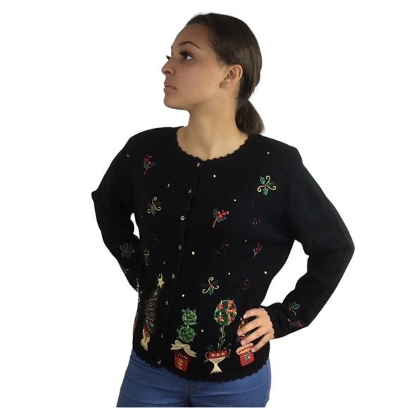 Embellished Black Christmas Tree Cardigan VTG - Picture 3 of 10
